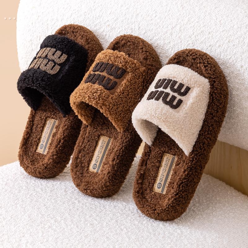 2025秋冬季网红字母时尚百搭毛毛拖鞋女外穿一字拖潮鞋厚底棉拖鞋