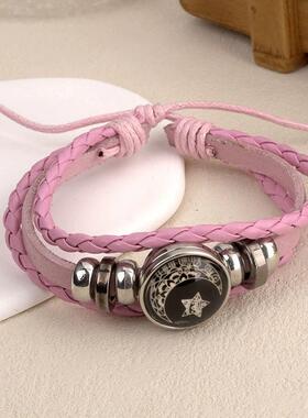 夜光日月恋人时光宝石手链男女通用复古手工多层串珠编织皮革手链