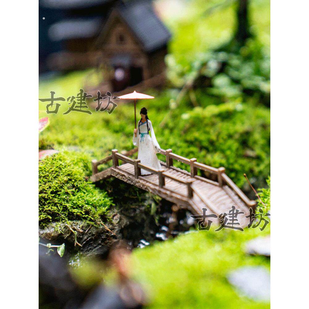 古建筑工场古风小桥悬索桥流水与陆池假山微景观盆景园林绿化树脂