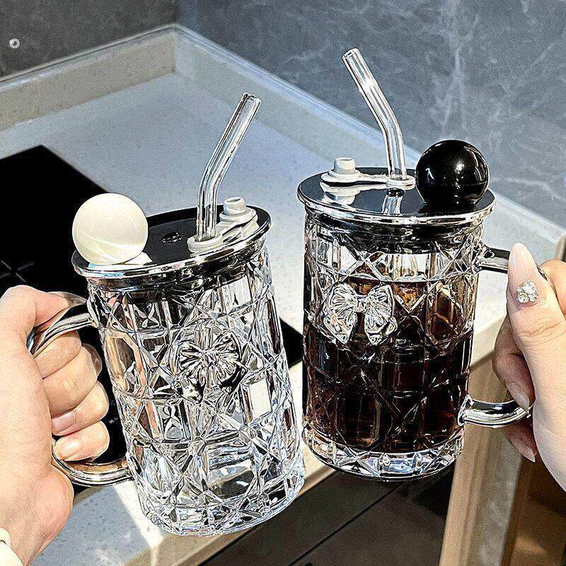 玻璃水杯女款杯子2024新款女玻璃杯家用茶杯咖啡杯带盖子吸管杯办