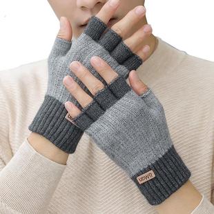 半指手套男露指冬季骑行加厚毛线漏指头学生写字针织保暖半截无指