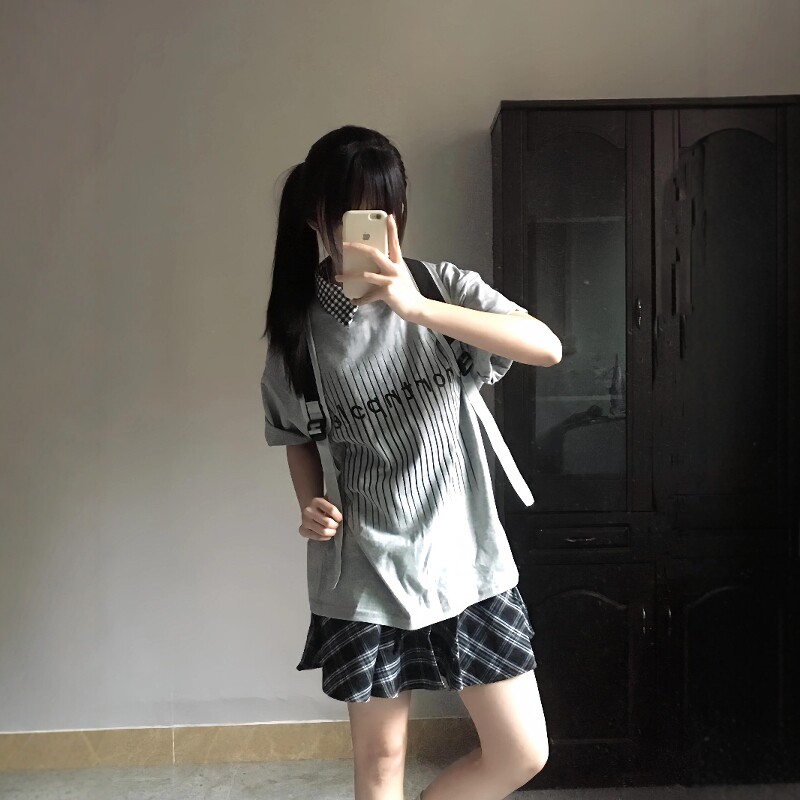 休闲风花生休闲运动服套装女夏季校园风印花短袖T恤短裙美式复古