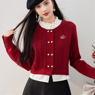 速发假两件针外衫安可雷穿搭绞织毛衣荷叶领上衣长袖开衫花搭装