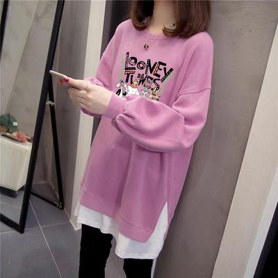 卫衣女秋冬加绒2025年新款韩版宽松慵懒中长款卡通假两件长袖上衣