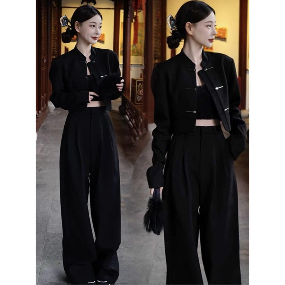 香港国风套装女春秋2025年大码微胖mm黑色西装短外套阔腿裤两件套