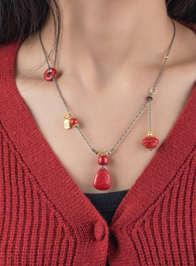 天然朱砂吊坠平安祥云毛衣链