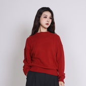 Jane express 简表达100%羊毛红色国风圆领毛衣女士针织内搭打底