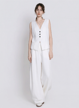 Jane express/简表达亚麻混纺女休闲直筒裤修身百搭下装XKZ61005