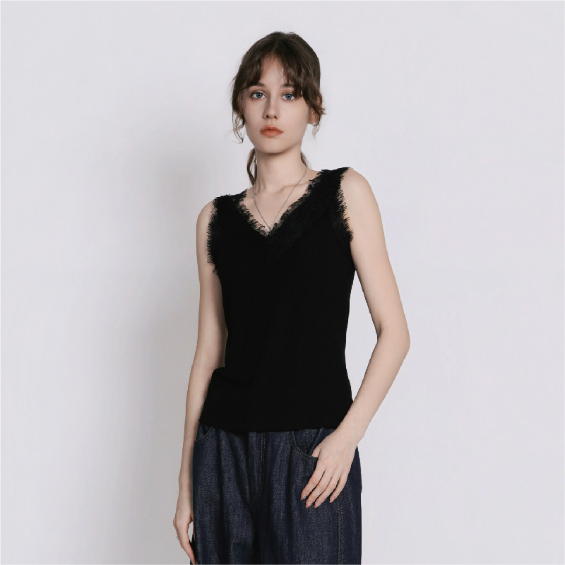 Jane express/简表达蕾丝毛边V领百搭背心吊带修身内搭女XBX62001