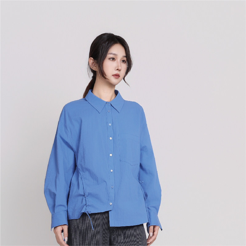 Jane express/简表达蓝色抽绳廓形收腰衬衣女士百搭衬衫CCY63001