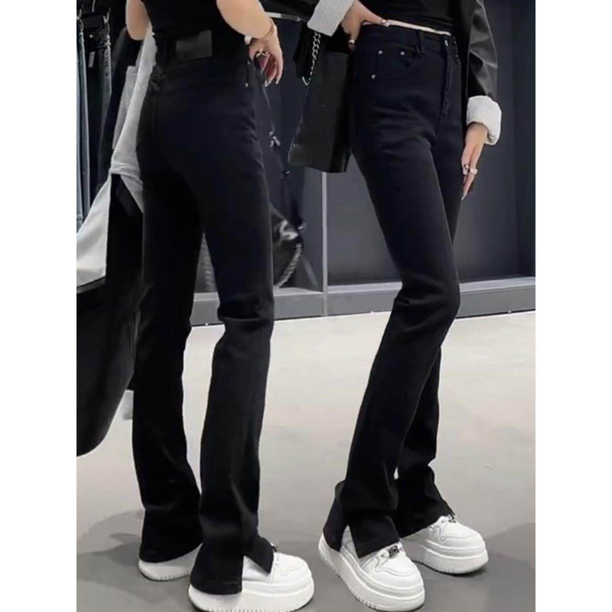 黑色开叉微喇牛仔裤子女秋冬2025新款马蹄裤胖mm显瘦加绒喇叭裤潮
