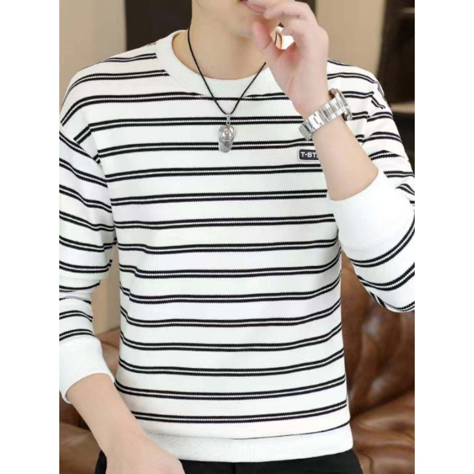 高端条纹卫衣男春秋季薄款纯棉休闲修身2025新款男士圆领长袖t恤