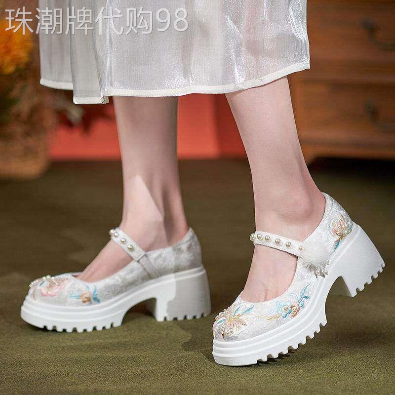 【欧洲AU高定】春新款改良复古风汉服旗袍鞋女厚底7cm绣花不磨脚
