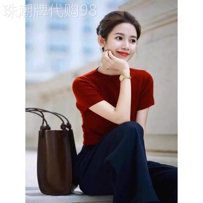 红色圆领针织衫女2025夏季新款修身显瘦冰丝薄款百搭短袖T恤上衣