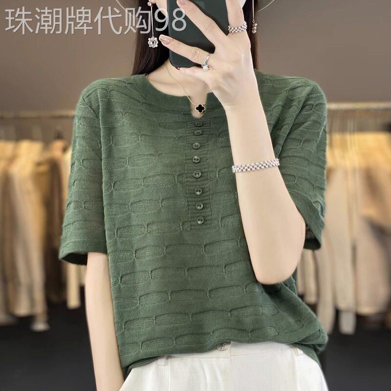 竹节麻针织短袖t恤女夏2025新款设计感宽松显瘦薄款圆领棉麻上衣
