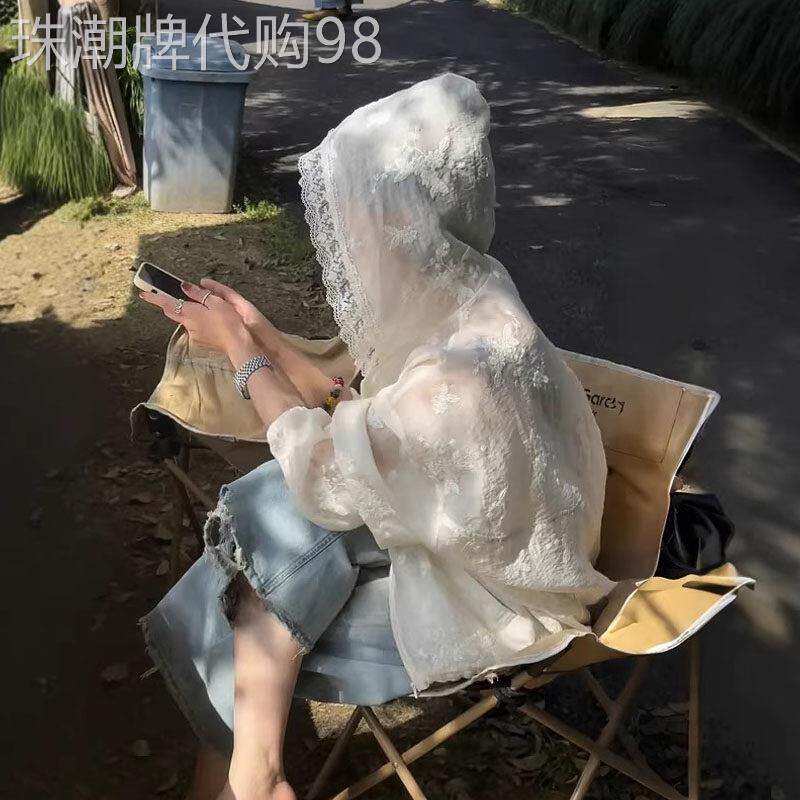 蕾丝花边连帽防晒衬衫外套女夏季欧货薄款宽松设计感小众雪纺上衣