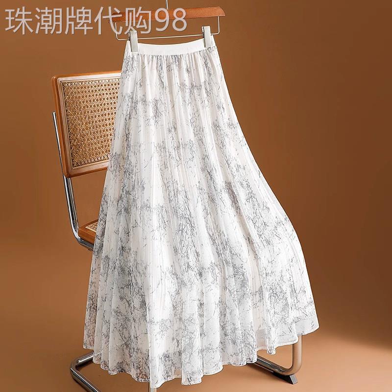 印花网纱半身裙女春秋薄款2025新款高腰显瘦a字中长款大摆百褶裙