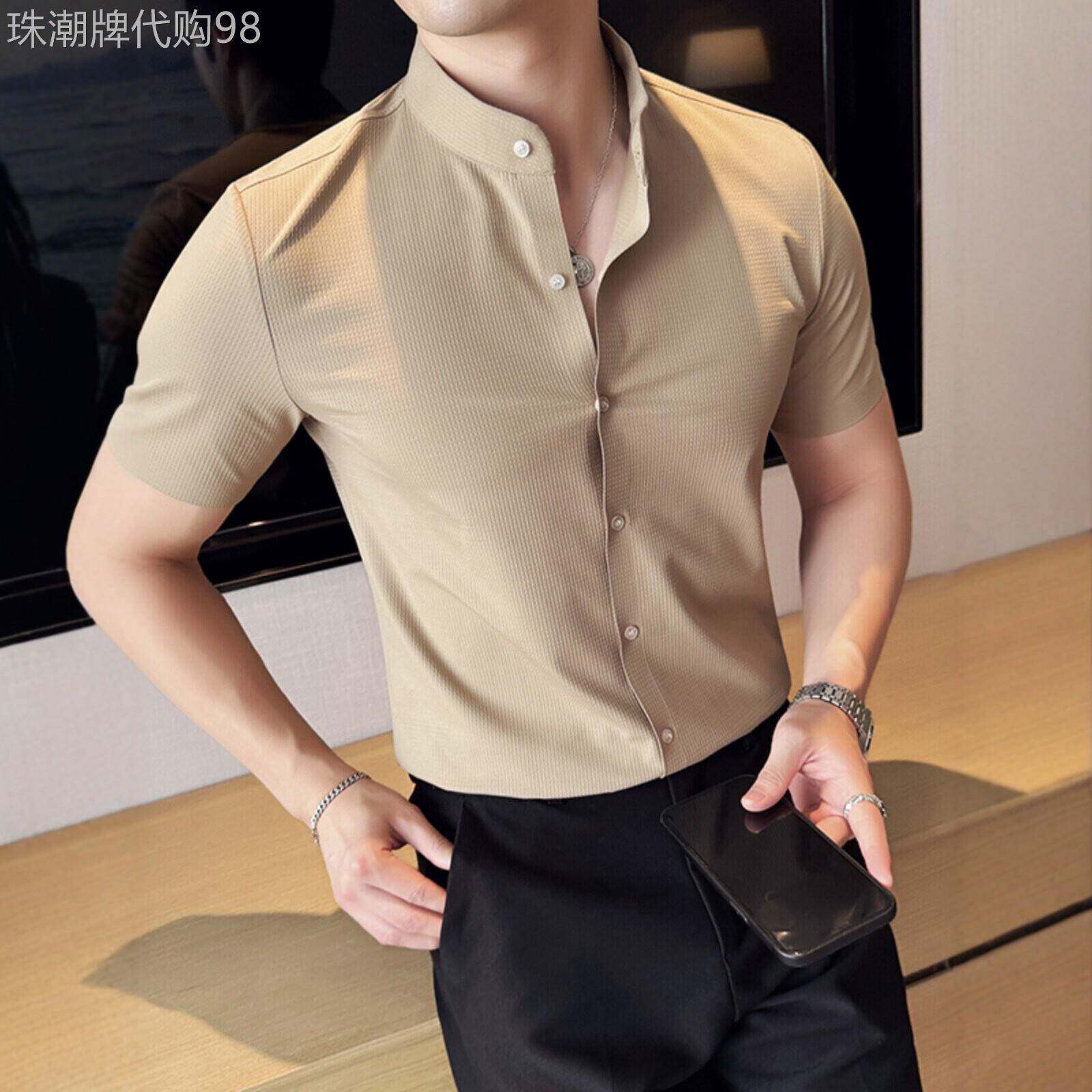 LL男装新中式衬衫男短袖夏季薄款潮流弹力冰丝无痕华夫格立领衬衫