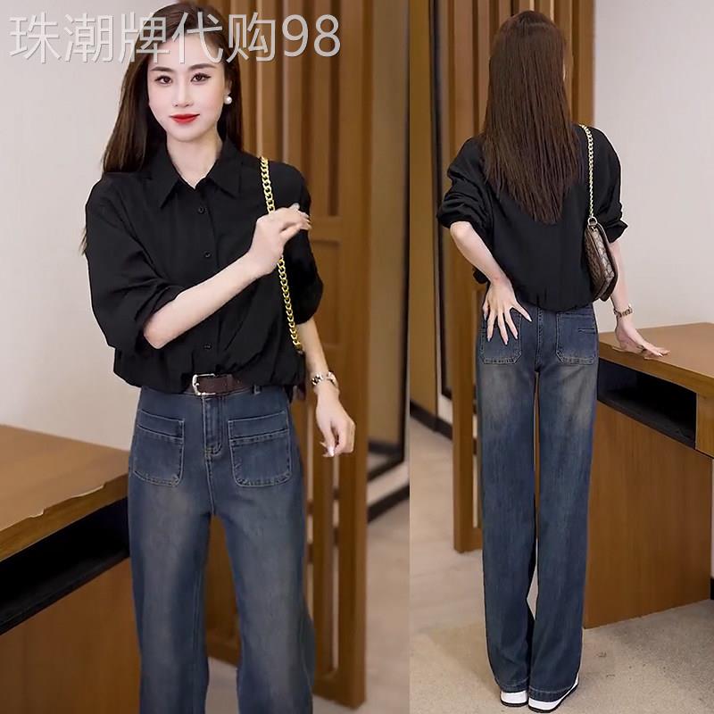 夏季套装女2026新款休闲时髦时尚洋派短袖衬衫牛仔直筒裤两件套潮