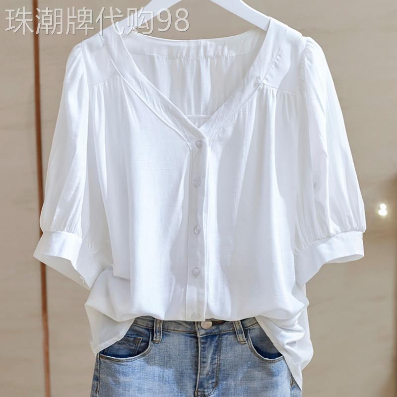 白色衬衫女2026新款夏季薄款短袖宽松高级感轻奢减龄洋派V领上衣