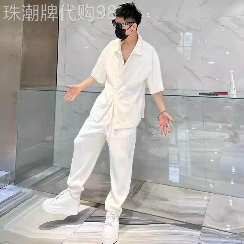 高端轻熟风男装一整套宽松五分短袖衬衫休闲长裤男士夏季两件套装