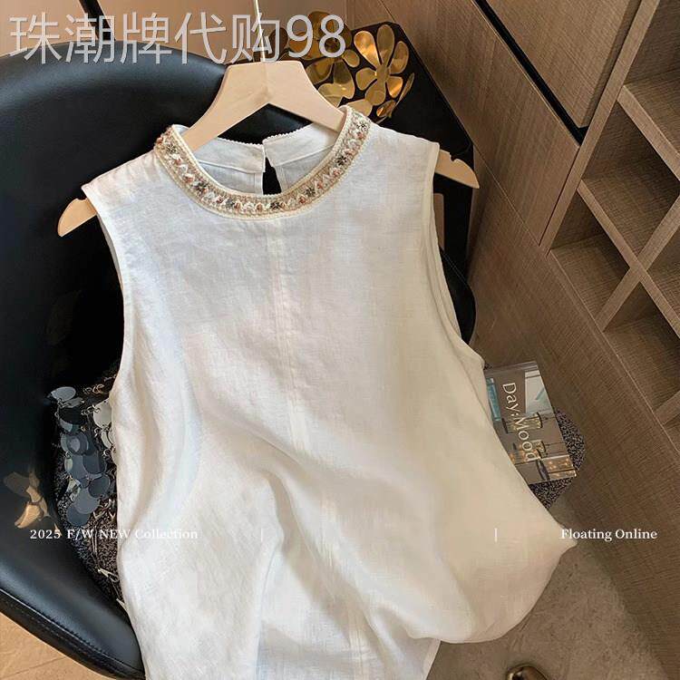 亚麻无袖背心女夏季薄款2026新款复古民族风编织钉珠宽松显瘦上衣