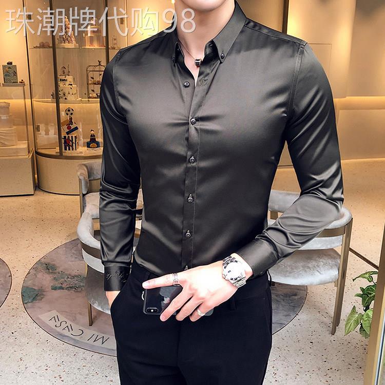 LL男装春夏款白衬衫男长袖韩版潮流帅气修身冰丝商务正装休闲衬衣