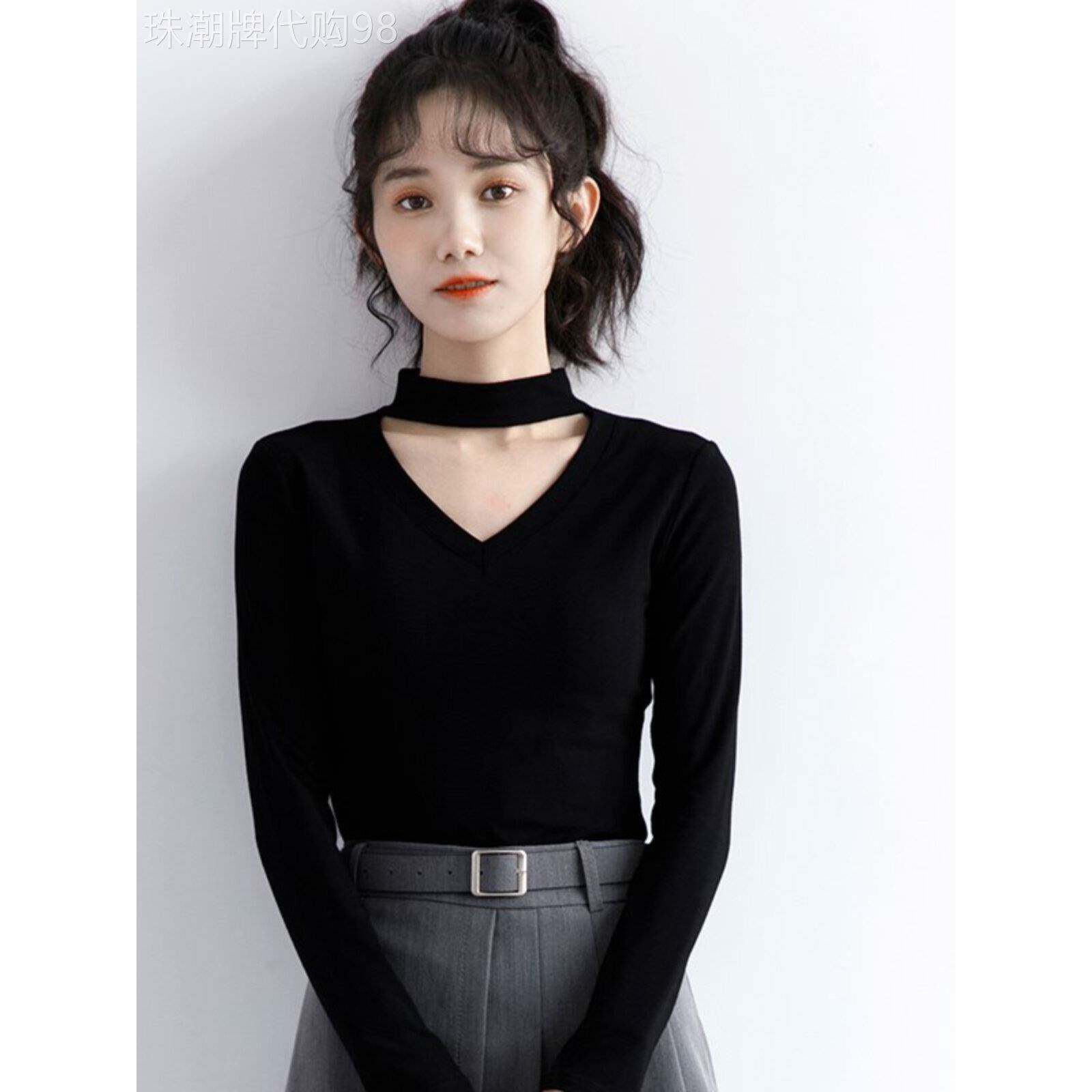 韩国2025春季新款黑色挂脖上衣女修身显瘦V领长袖体恤百搭打底衫