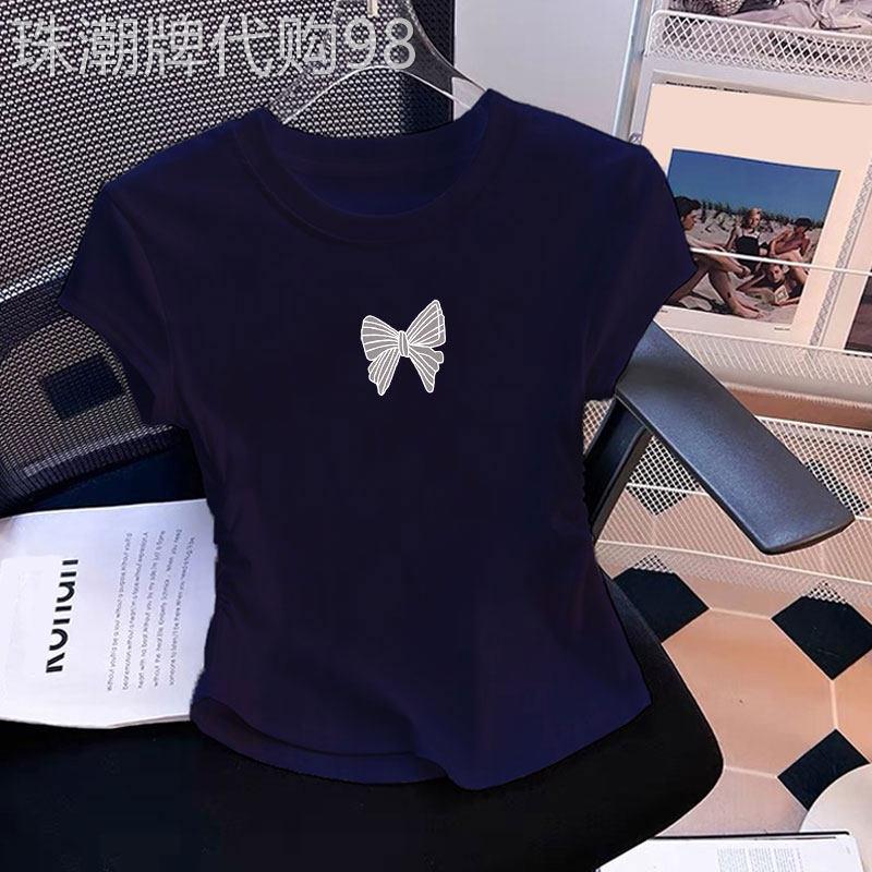 正肩纯棉圆领短袖t恤女夏季设计感小众洋气褶皱收腰不规则上衣潮