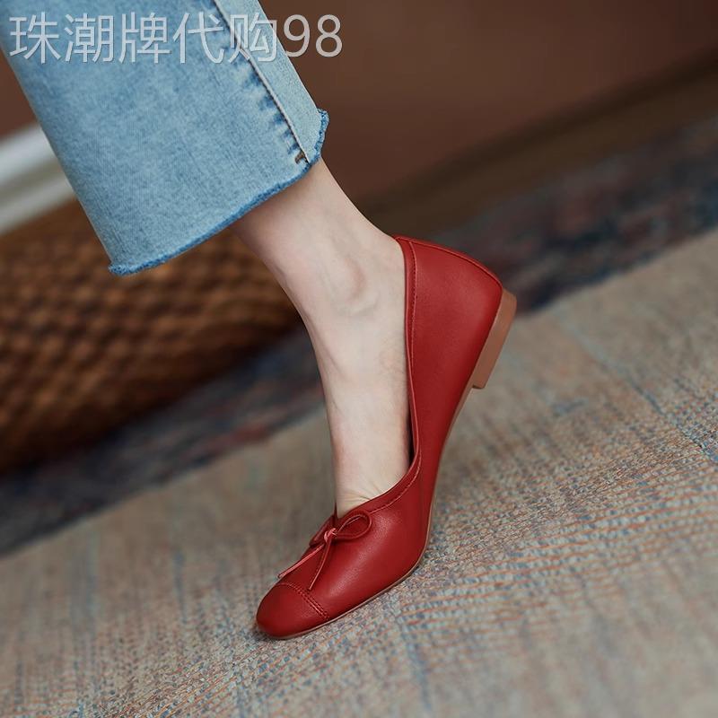 软羊皮复古法式红色浅口单鞋女春秋2025新款软底豆豆小香风平底鞋