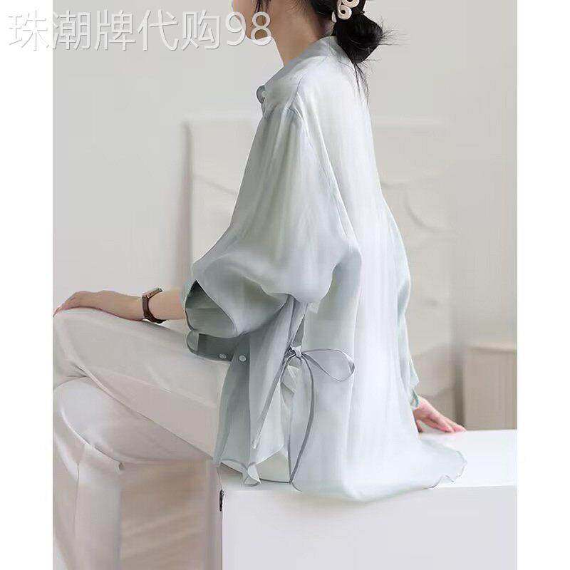 冰丝雪纺衬衫女夏季2026年新款薄款外搭绑带开衫防晒衣服外套上衣