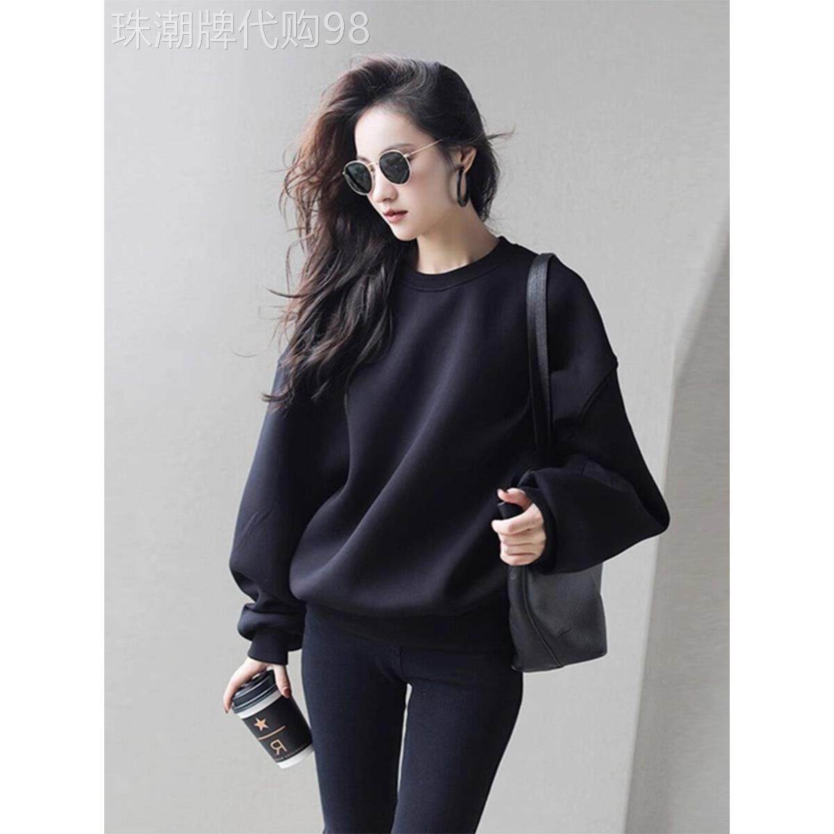 黑色圆领卫衣女2025春秋新款慵懒风休闲洋气减龄今年流行漂亮上衣