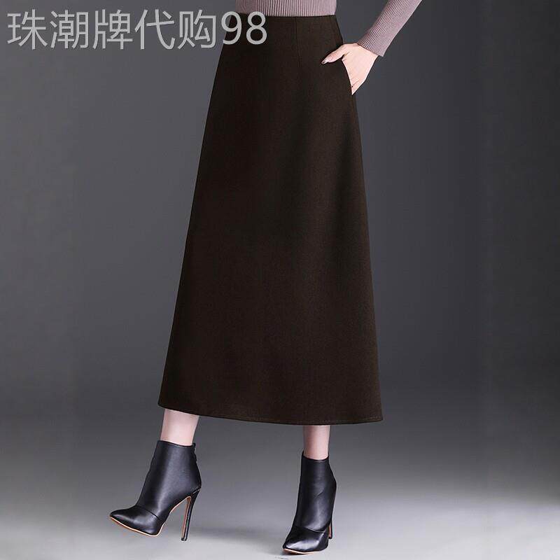 黑色羊毛呢半身裙女秋冬新款气质长裙加厚裙高腰显瘦a字半裙冬裙