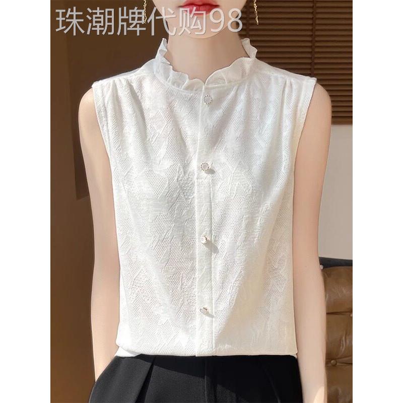 花边领无袖针织背心女夏季2025新款镂空提花小衫宽松精纺羊毛衬衫