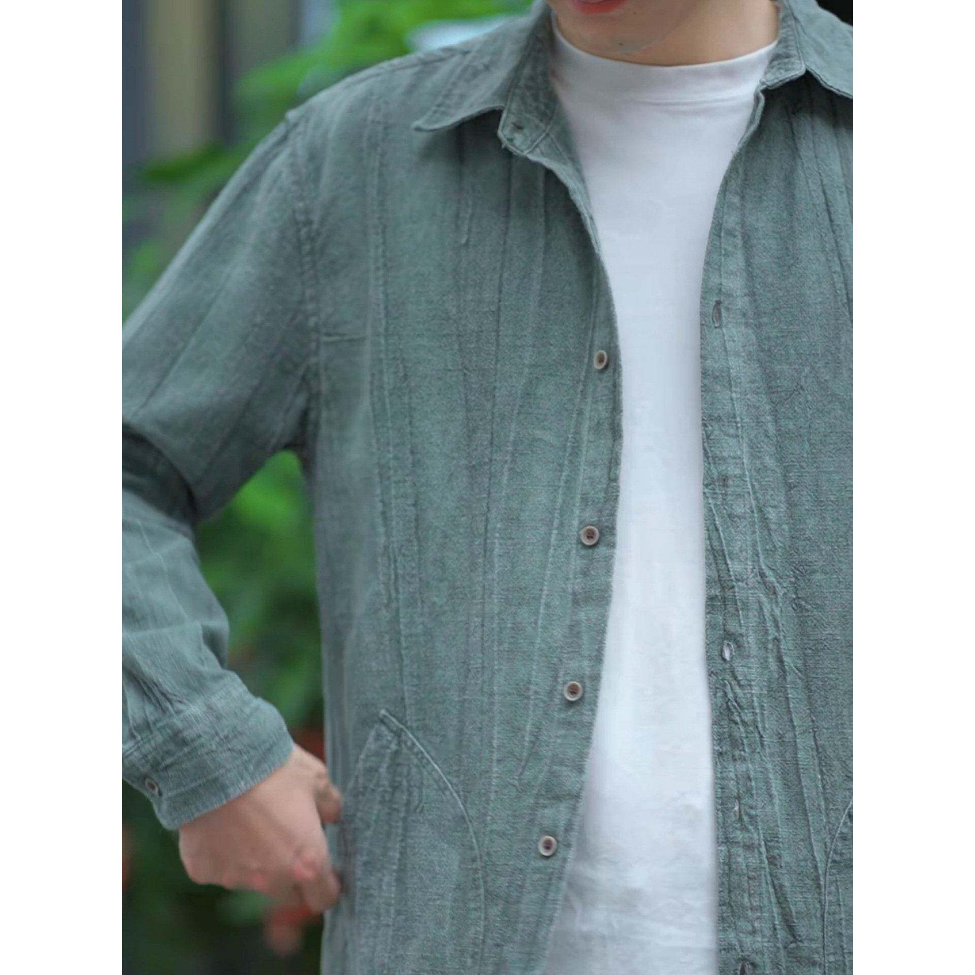 新中式男装褶皱棉麻上衣高端春秋亚麻衬衫式夹克宽松休闲苎麻外衣