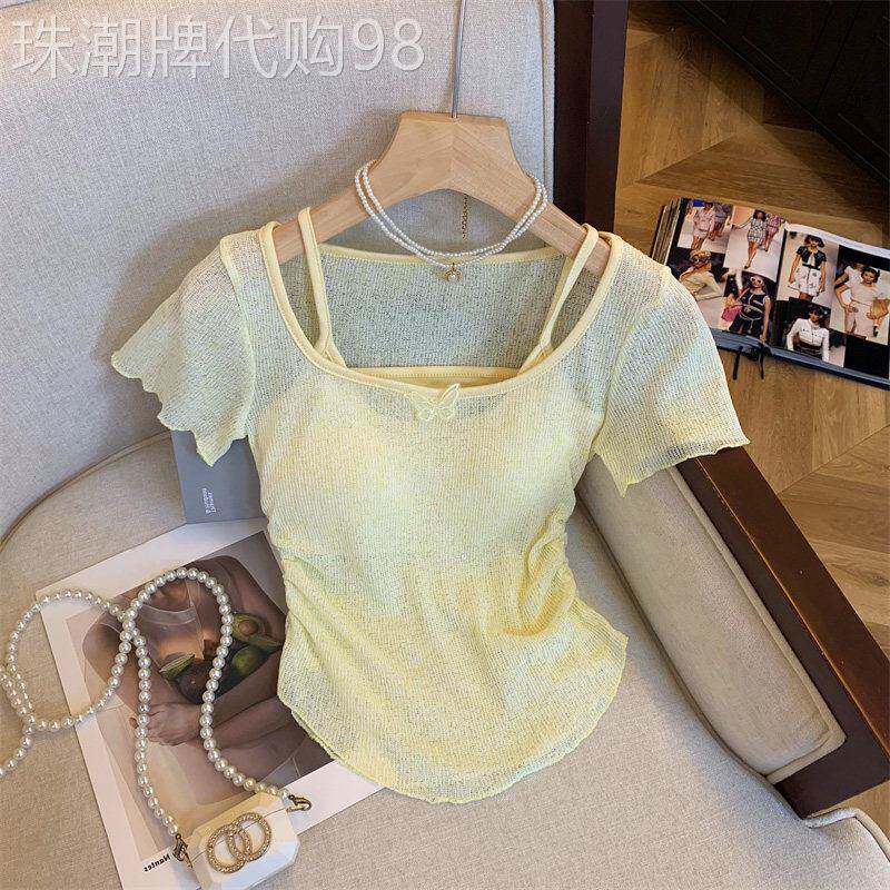 纯欲辣妹两件套上衣女夏季内搭吊带背心叠穿薄款蝴蝶针织短袖T恤