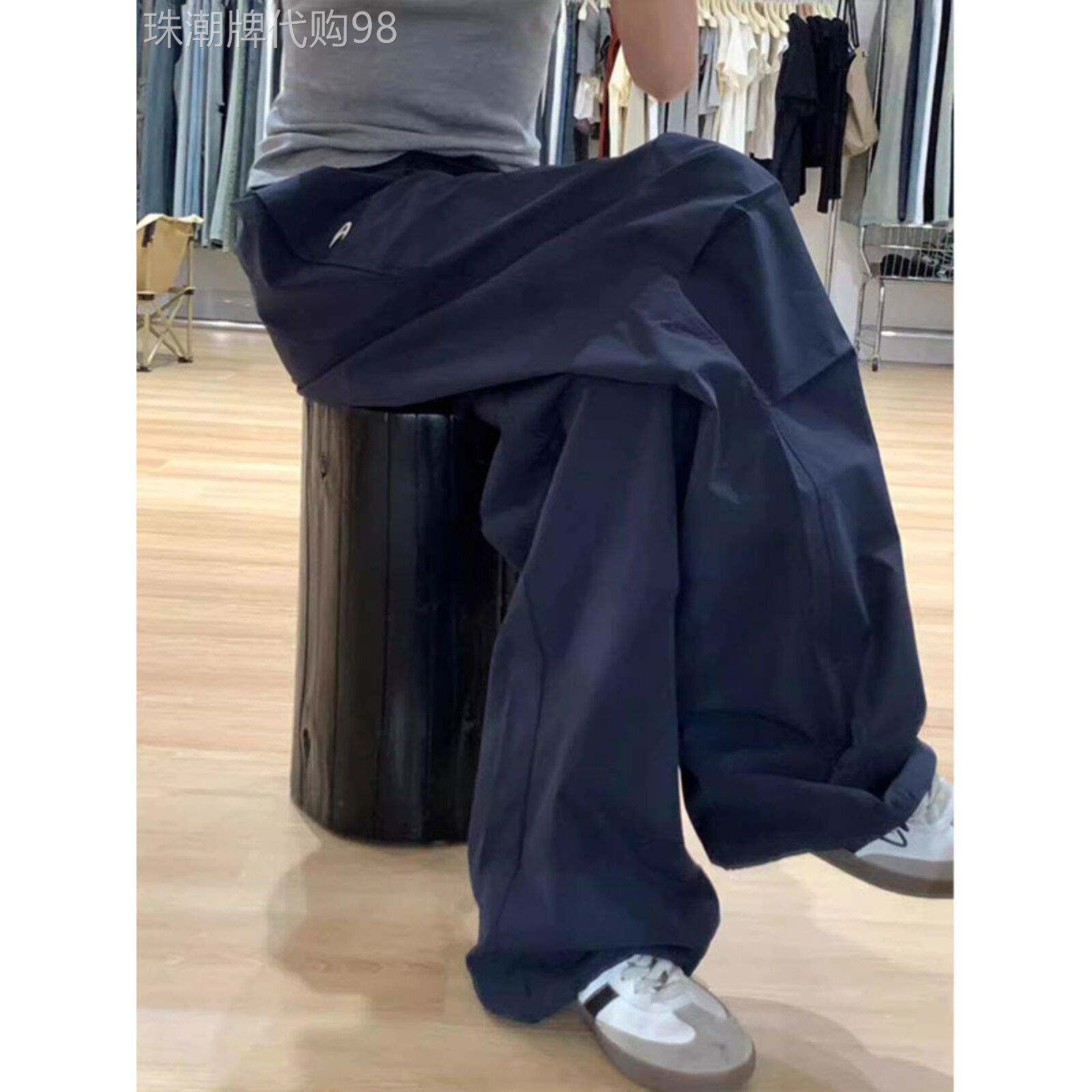 藏青色阔腿工装裤女2025春秋新款胖mm大码高腰宽松显瘦拖地休闲裤