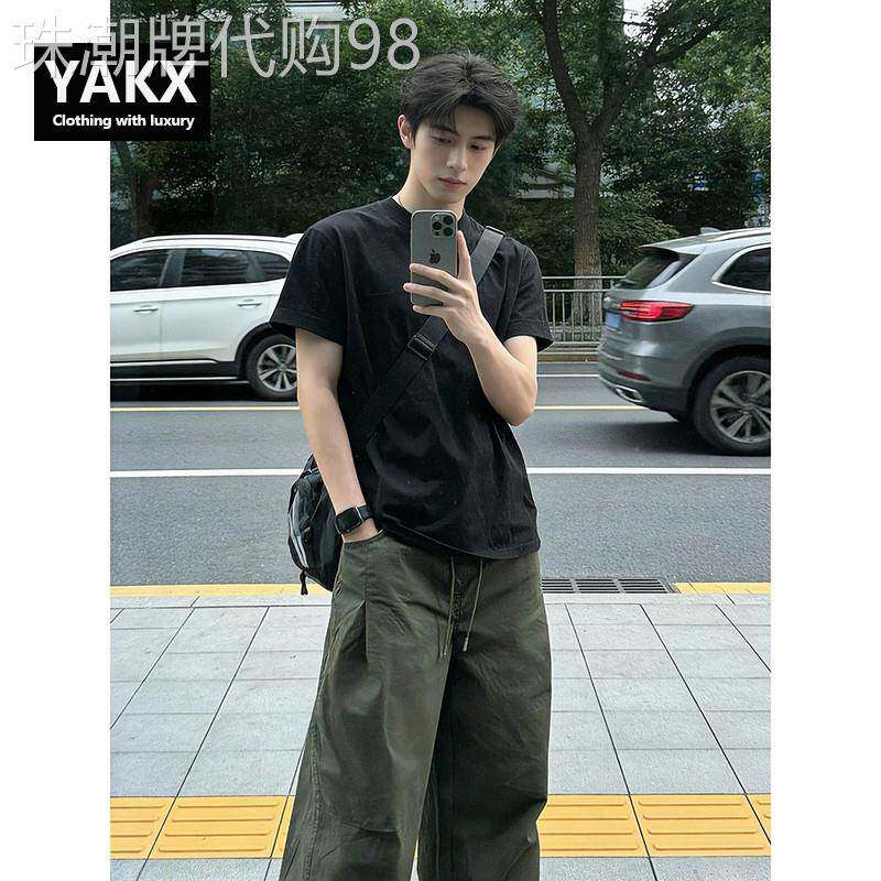 高端黑色重磅纯棉短袖T恤男士2026新款干净韩系穿搭正肩半袖男款