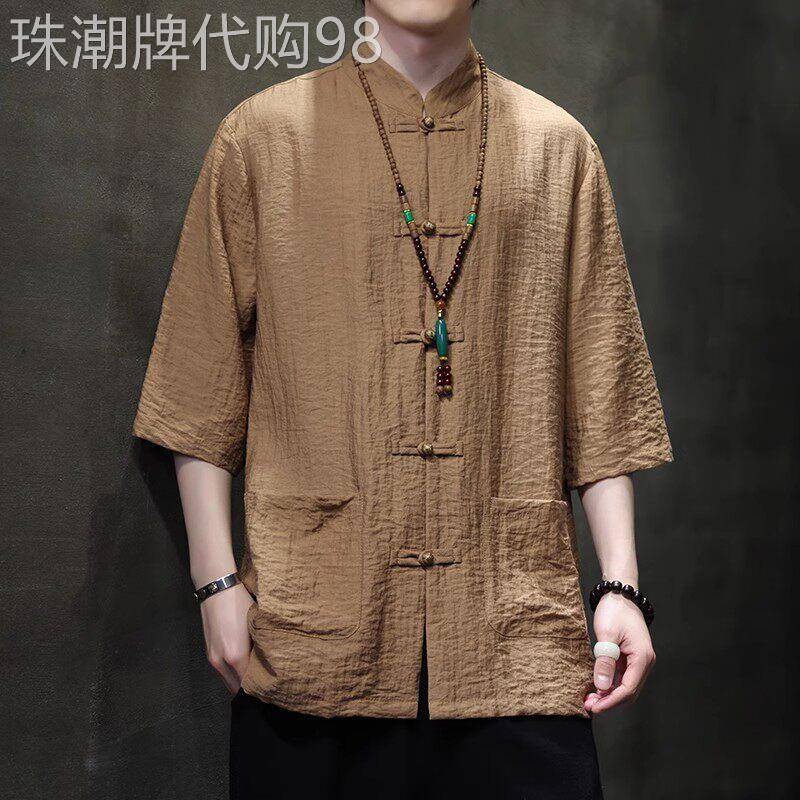 高端中国风七分袖衬衫男士2026新款夏季唐装汉服中式短袖衬衫男款图片