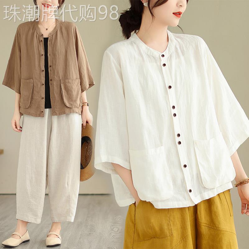 棉麻衬衫女士夏季薄款2026新款宽松设计感小众休闲衬衣七分袖上衣