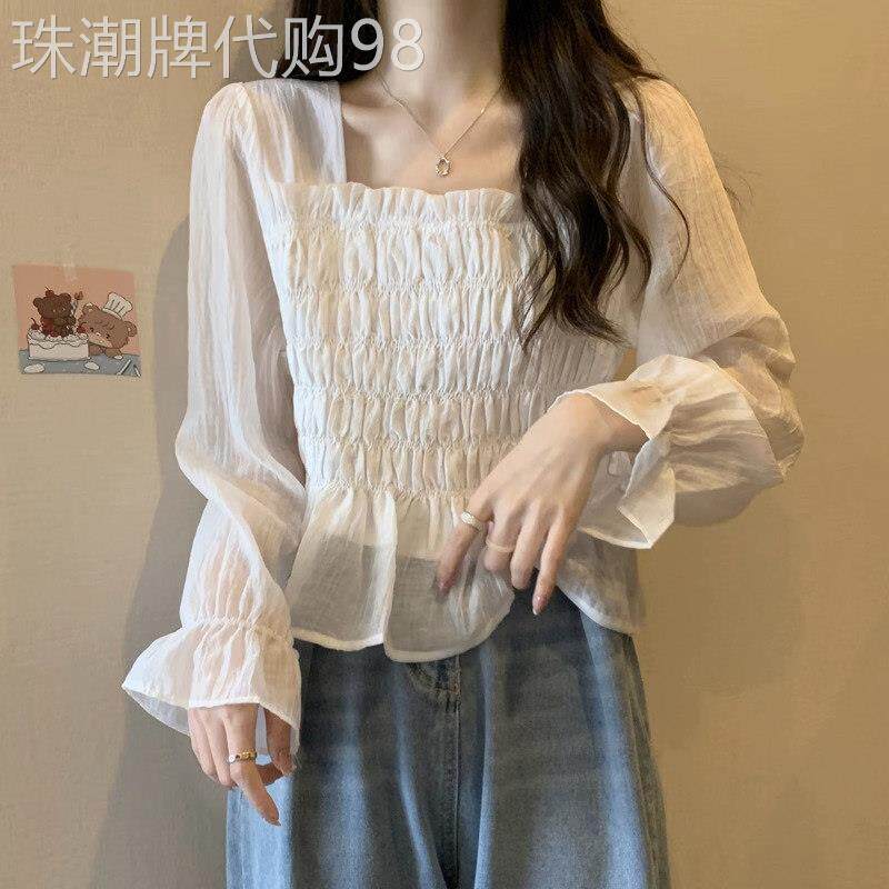 方领雪纺衫女春秋薄款2025年新款大码收腰洋气小衫泡泡袖短款上衣
