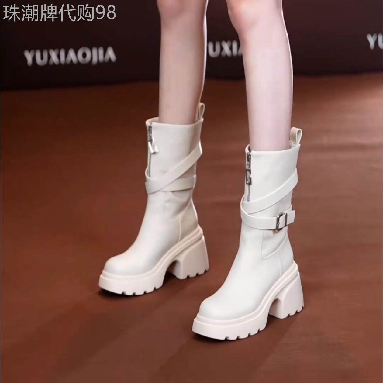 香港真皮中小腿靴英伦风格厚底女靴2025春秋季新款前拉炼高跟时尚