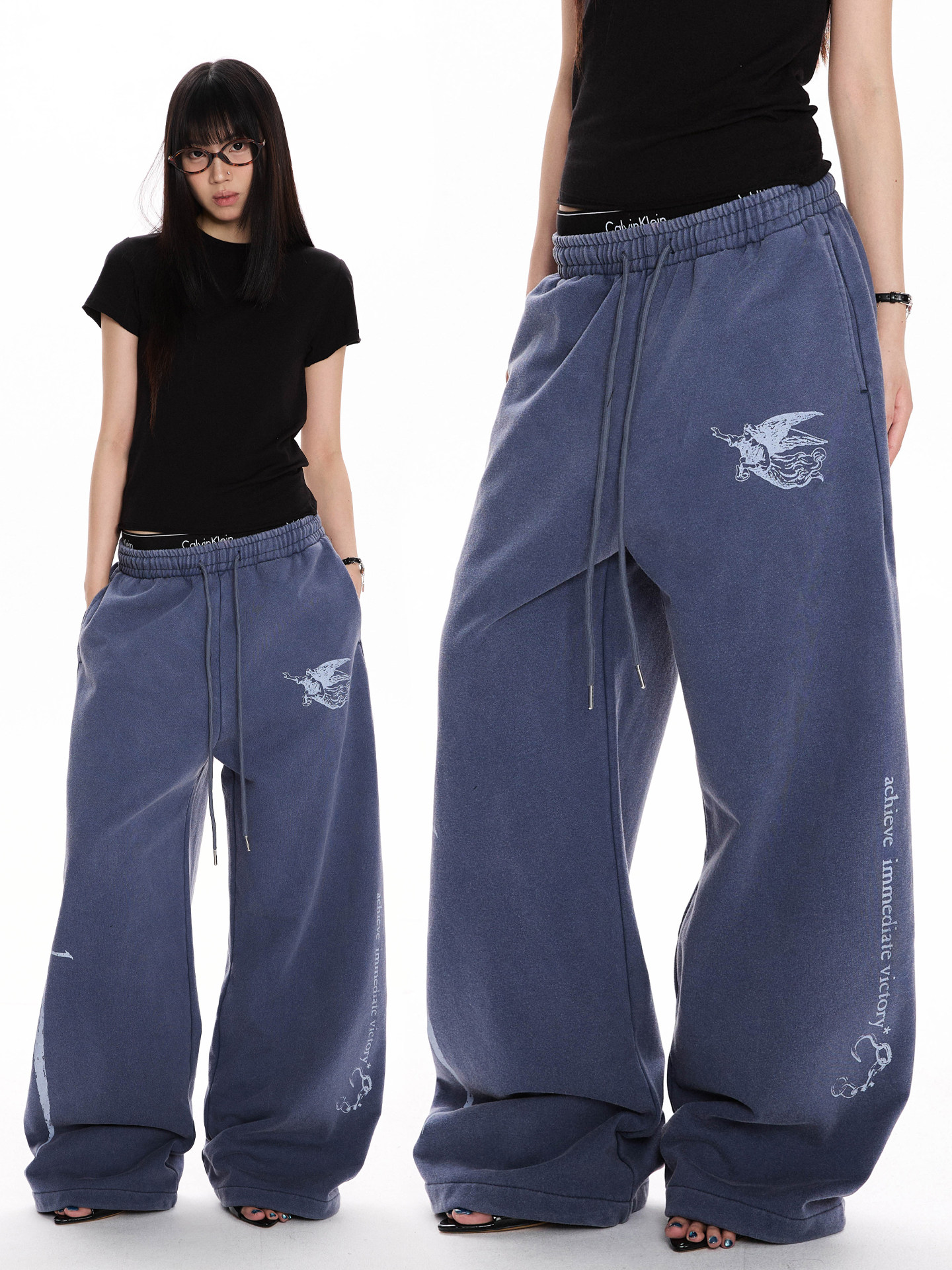 thumbnail for American vintage letter print drape distressed casual pants for men and women, baggy street loose wide-leg sports sweatpants
