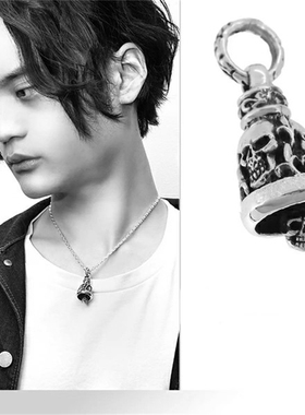 Musa Singing男款唐草蔓藤花骷髅头雕刻925纯银铃铛吊坠潮流项链