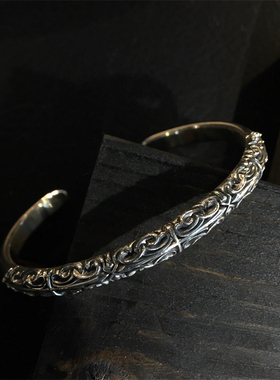 Musa Singing潮男款日系复古烟熏蔓藤花百合十字925纯银敞口手镯