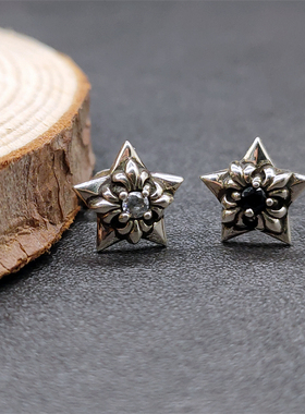 Musa Singing复古做旧925纯银五角星镶锆石小众日系耳钉男女士