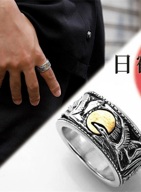 Musa Singing男款手工黄铜日出 鹤 古松竹 指日升高 925纯银戒指
