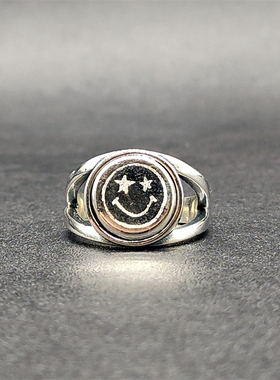 Musa Singing男士日系趣味笑脸圆牌戒面925银可调节戒指休闲指环