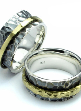 日本直邮 Musa Singing 男士不规则敲打凹凸面金边环绕925银戒指