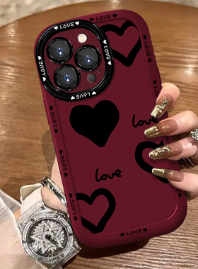 黑色心心苹果15pro手机壳潮流华为mate60pro新款opporeno11女款vivox100荣耀100硅胶全包小米14保护套防摔